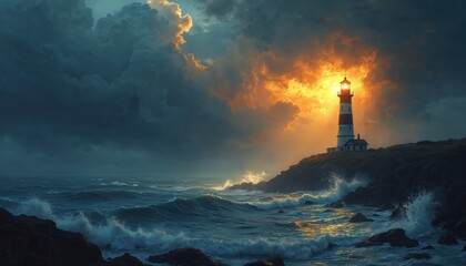 Fototapeta premium Tall lighthouse guides ships through stormy ocean waves at twilight. Dramatic clouds glow with fiery sunset light on rocky coast. Powerful sea meets enduring beacon.