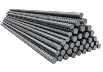 Stack of Steel Rebar for Construction and Building Reinforcement. Industrial Metal Rods on White Background. 3D Render.