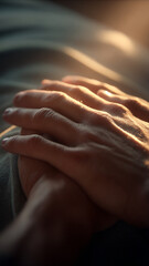 Close up of two hands clasped together bathed in warm light creating a sense of comfort and peace