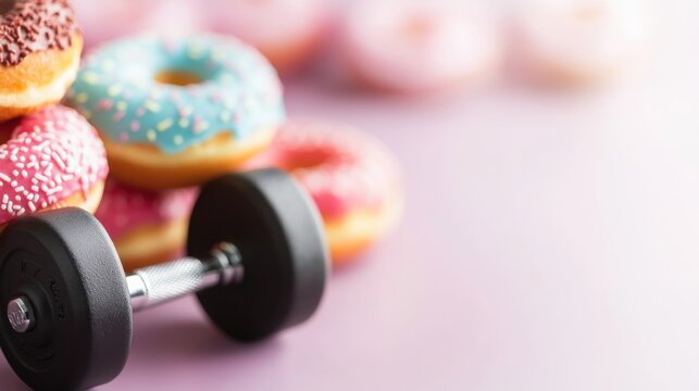 Balancing fitness and indulgence with weights and colorful donuts