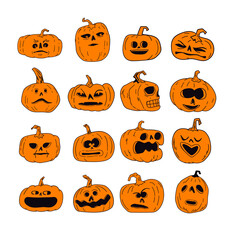 Halloween pumpkins with funny and spooky carved faces, cartoon vector illustration