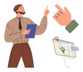 Bearded man holding a tablet pointing up, accompanied by a digital map with location pins and a hand interacting. Ideal for navigation, location, guidance, planning, education, workflow, innovation