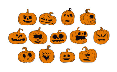 Halloween carved pumpkins hand drawn illustrations, cute funny jack o lanterns