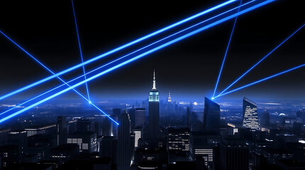 Nighttime cityscape with glowing blue beams illuminating buildings, creating a futuristic and dynamic urban landscape