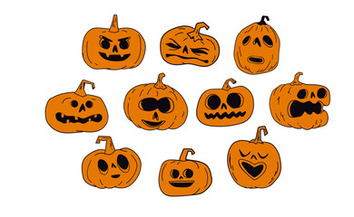 Halloween carved pumpkins hand drawn illustrations, cute funny jack o lanterns