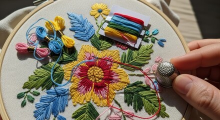 Hand embroidery floral pattern in progress with colorful threads