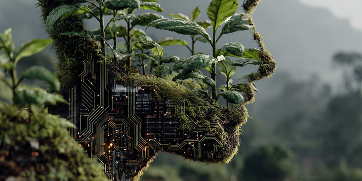 plant growing on a circuit board, black and gray colors, futuristic technology blend, organic meets digital, suitable for tech presentations, eco-friendly branding, website visuals, and social media c