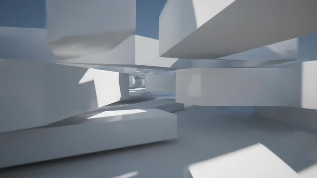 Abstract architectural interior with a futuristic design, characterized by smooth white surfaces and dynamic geometric forms creating a sense of depth and openness