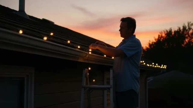 Man stringing festive lights on rooftop at sunset for seasonal home decoration