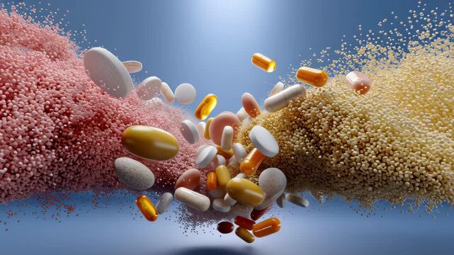 Dynamic explosion of colorful capsules and tablets dispersing in a vibrant scene, showcasing the motion of various shapes and sizes, camera follows the action with a smooth dolly movement