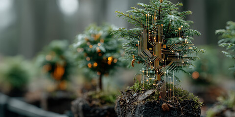 small tree with circuit integration, vibrant green foliage, gray circuit board elements, bokeh background, futuristic technology meets nature,