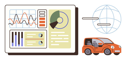 Dashboard showing data charts, bar graphs, and pie chart connected to orange car and global network. Ideal for transportation analysis, automotive innovation, technology, logistics, connectivity