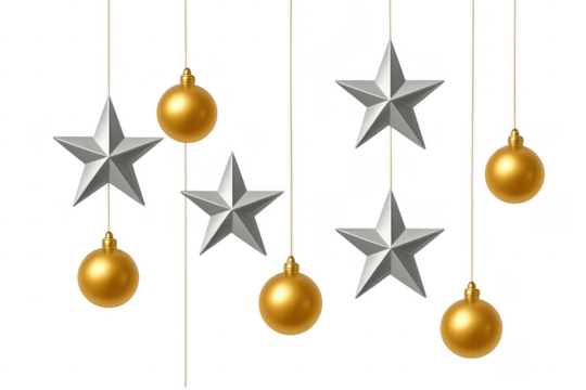 Golden baubles and silver stars hanging as christmas decorations