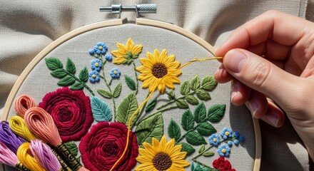 Hand embroidery floral pattern in progress with colorful threads