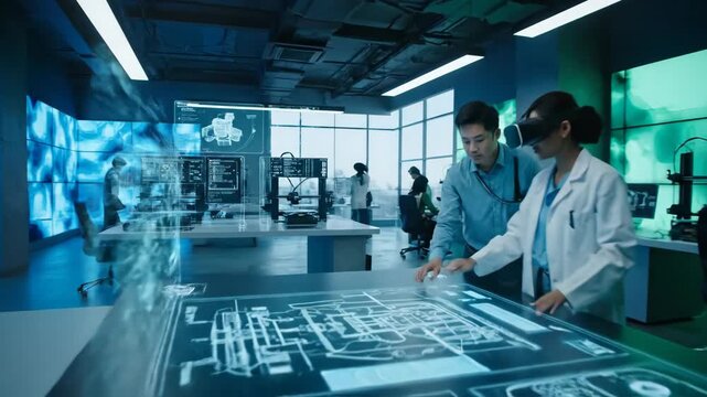 Innovators leveraging cutting-edge augmented reality and interactive data displays for collaborative engineering and complex project development in a high-tech research facility