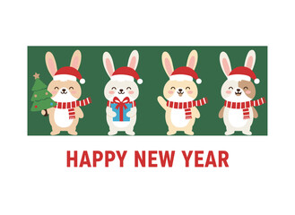 A Christmas or New Year tree with a cute rabbit or bunny set against a 2023 winter backdrop, featuring the rabbit horoscope sign for the Chinese Year of the Rabbit wishing a Happy New Year, and