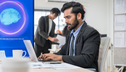 Indian businessman in formal suit working on laptop in modern office, using smartphone voice recognition and AI assistant technology for communication and productivity.