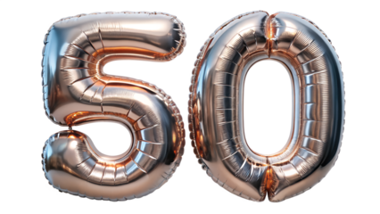 Rose gold foil balloon number fifty isolated on transparent background for birthday party