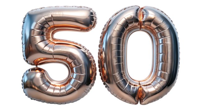 Rose gold foil balloon number fifty isolated on transparent background for birthday party
