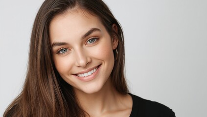 Naklejka premium Smiling Young Woman with Long Brown Hair and Freckles on White Background