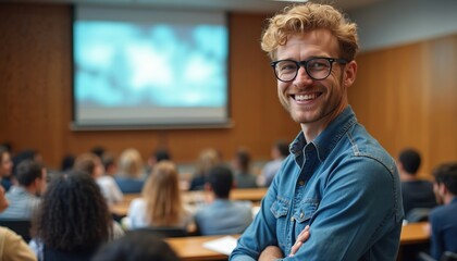 Smiling professor stands in lecture hall. Students listen attentively during lesson taking notes. Man wearing glasses looks at camera confidently with arms crossed. Education university concept.