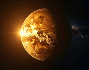 Celestial Dawn: A breathtaking image of a planet at dawn, as sunlight cascades across its surface. The image evokes a sense of awe and wonder.