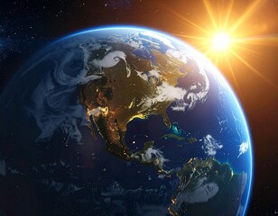 Sunrise over the Earth: The Sun casts its warm glow over the Earth, showcasing the continents and oceans from a space perspective. This is a reminder of the Earth's beauty.