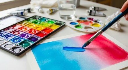 Watercolor painting in progress with colorful paint palette and brush
