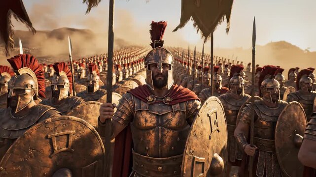 Cinematic Spartan Warrior Leading a Massive Army