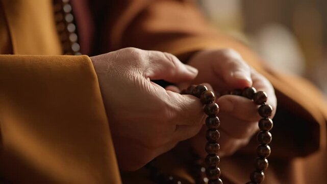 A Buddhist monk in an orange robe meditates in a peaceful temple while holding traditional wooden prayer beads in a close-up of their hands showing deep faith