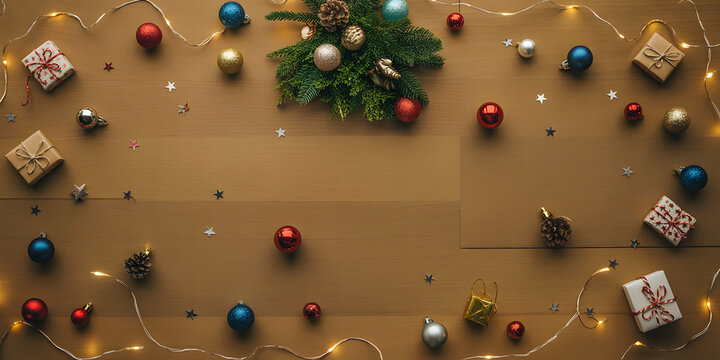 Elegant Christmas holiday background with festive decorations, sparkling fairy lights, colorful baubles, wrapped gifts, pine branches, warm wooden backdrop, joyful season, minimal copy space