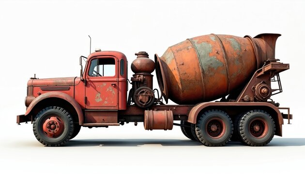 Vintage cement mixer truck illustration on white. The old vehicle shows rust. Illustration of heavy duty machine for construction or industry. Great for design, ads, posters.