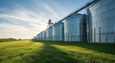 Obraz premium Grain silos storage facility at sunset storing agriculture harvest