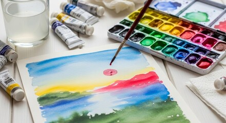 Watercolor painting in progress with colorful paint palette and brush