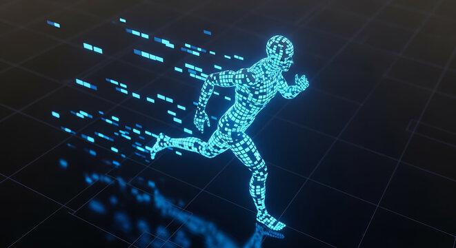 Digital human running, creating data stream, progress concept