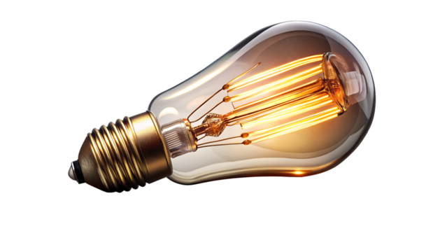 Vintage light bulb with glowing filament isolated on transparent background, a classic design