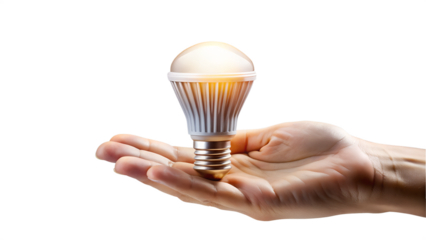 Hand holding a glowing led light bulb isolated on transparent background, energy efficiency