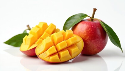 Fresh mango with cubes cut. Sweet tropical fruit with green leaves. Mango half and apple. Delicious dessert rich of vitamins for healthy diet concept. Exotic fruit for vegan food.
