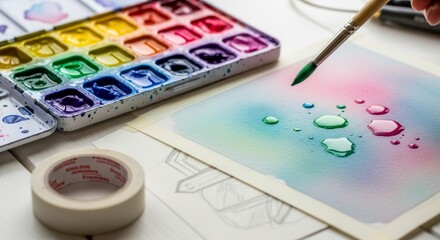 Watercolor painting in progress with colorful paint palette and brush
