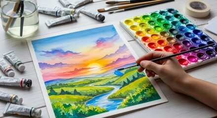 Watercolor painting in progress with colorful paint palette and brush
