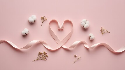 Heart ribbon cotton love valentine romance pink background floral delicate soft pastel elegant design