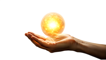 Hand holding a glowing crystal ball isolated on transparent background, concept of magic and fortune