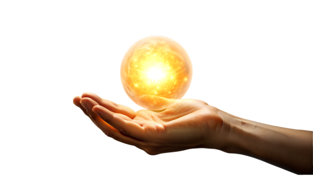 Hand holding a glowing crystal ball isolated on transparent background, concept of magic and fortune