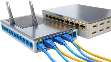 Network switch and router connected with ethernet cables isolated on transparent background, for data transfer