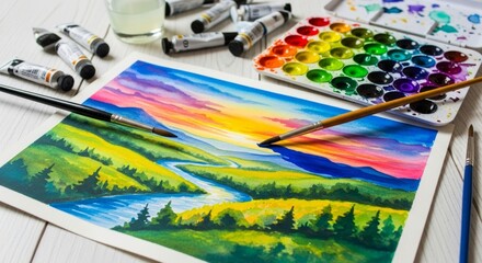 Watercolor painting in progress with colorful paint palette and brush