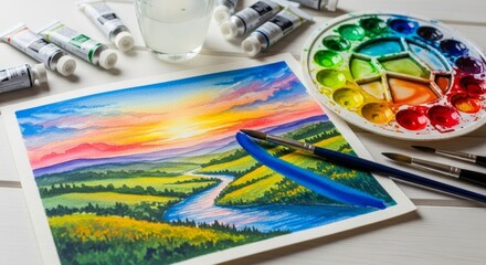 Watercolor painting in progress with colorful paint palette and brush