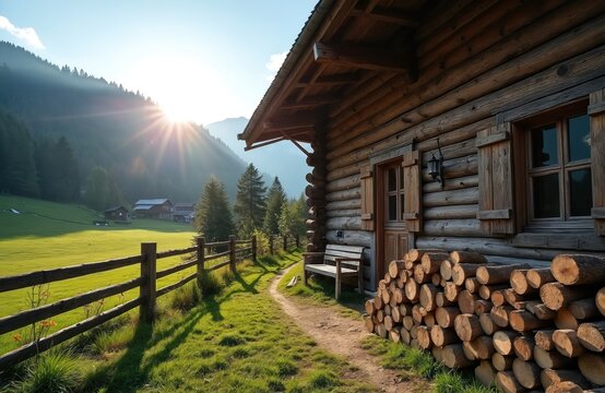 Rustic log cabin in sunlit mountain meadow. Green grass slopes, wooden fence, forest trees, distant houses under blue sky. Peaceful rural vacation scene.