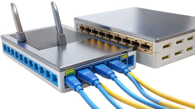 Network switch and router connected with ethernet cables isolated on transparent background, for data transfer