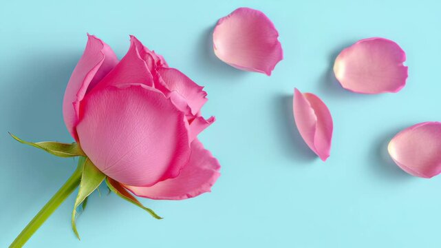 Pink rose with delicate petals scattered on a soft blue background, showcasing the beauty and fragility of nature, camera gradually zooms in to emphasize the floral details and textures