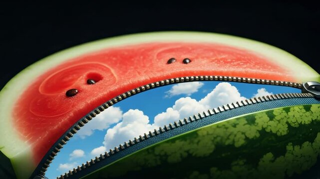 Watermelon reveals a bright sky with fluffy clouds through a zipper opening